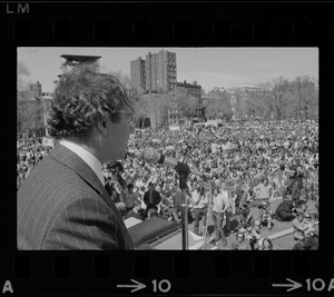 Senator Vance Hartke of Indiana speaking to a crowd on the Boston Common during an anti-Vietnam war rally