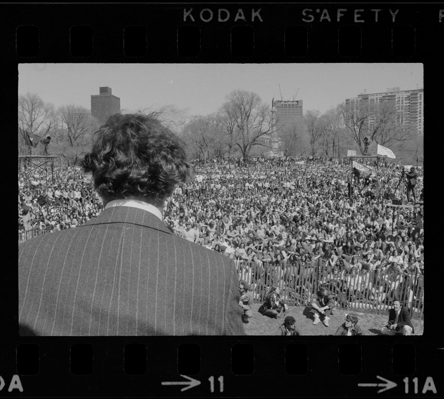 Senator Vance Hartke of Indiana speaking to a crowd on the Boston Common during an anti-Vietnam war rally