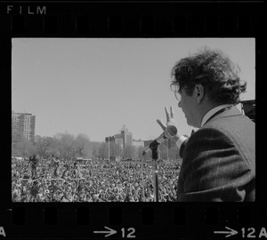 Senator Vance Hartke of Indiana speaking to a crowd on the Boston Common during an anti-Vietnam war rally