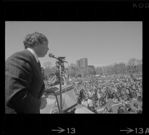 Senator Vance Hartke of Indiana speaking to a crowd on the Boston Common during an anti-Vietnam war rally