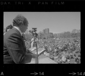 Senator Vance Hartke of Indiana speaking to a crowd on the Boston Common during an anti-Vietnam war rally