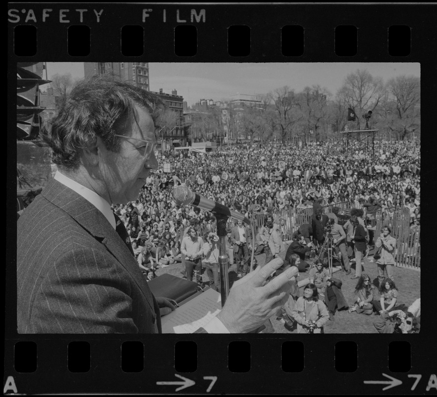 Senator Vance Hartke of Indiana speaking to a crowd on the Boston Common during an anti-Vietnam war rally