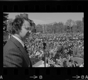 Senator Vance Hartke of Indiana speaking to a crowd on the Boston Common during an anti-Vietnam war rally