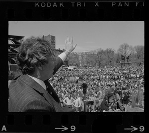 Senator Vance Hartke of Indiana speaking to a crowd on the Boston Common during an anti-Vietnam war rally