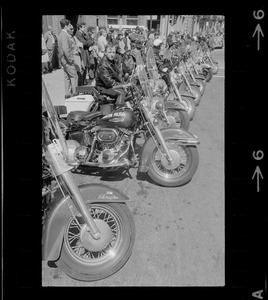 Boston Police motorcycle unit lined up on street during an anti-Vietnam war rally on the Boston Common
