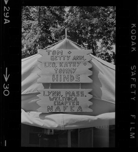 Sign hung outside the Hinds family tent