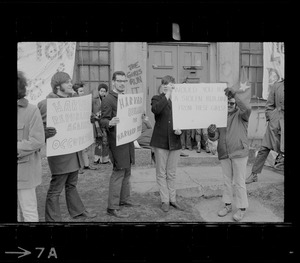 Protestors outside the Harvard building occupied by women's liberationists