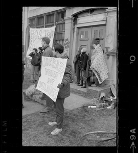 Protestors outside the Harvard building occupied by women's liberationists