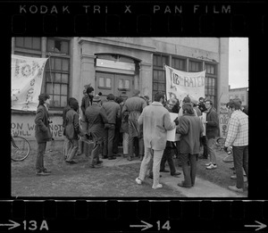 Protestors outside the Harvard building occupied by women's liberationists