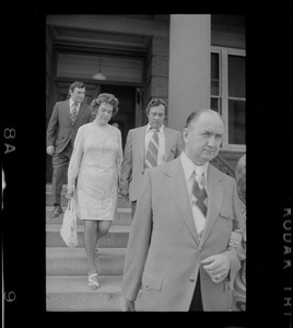 Outside Middlesex County Courthouse are ex-Mayor Edward F. Gill (foreground), Mrs. Florence Volpe, accompanied by her husband and Charles DiPanfilo