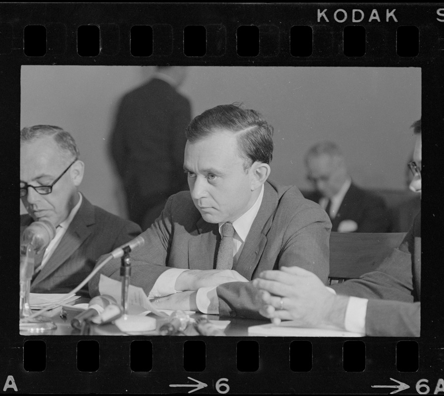 Frederick Wiseman, 'Titicut' producer, flanked by his attorneys is James St. Clair (left), and Blair L. Perry, at hearing before State Commission on Mental Health