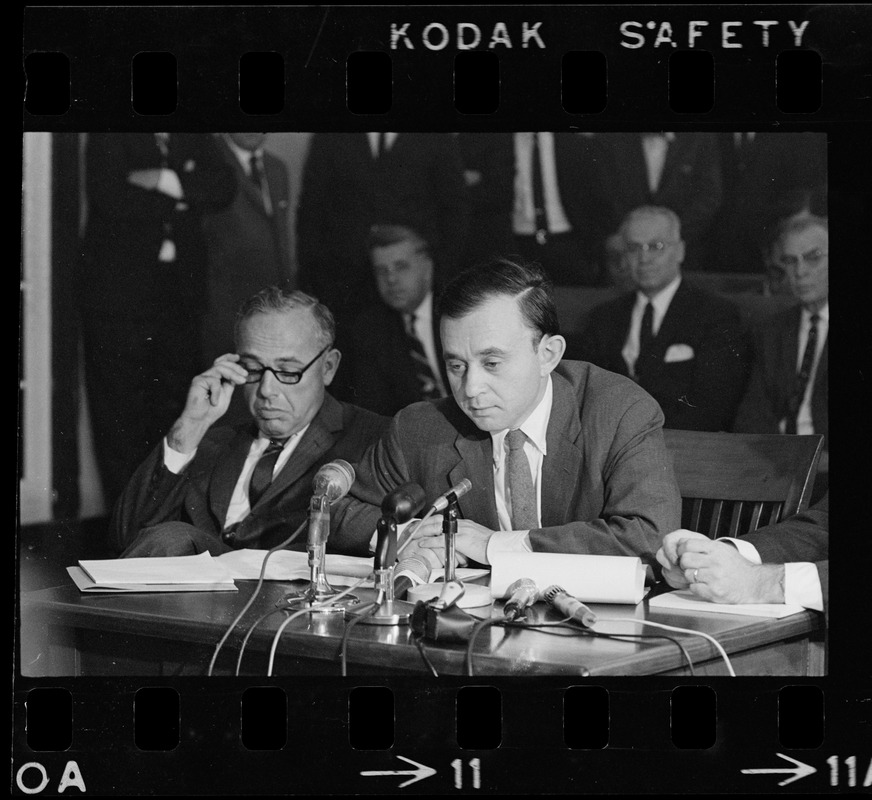 Frederick Wiseman, 'Titicut' producer, flanked by his attorneys is James St. Clair (left), and Blair L. Perry, at hearing before State Commission on Mental Health