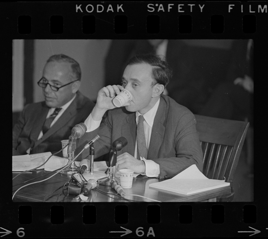 Frederick Wiseman, 'Titicut' producer, flanked by his attorneys is James St. Clair (left), and Blair L. Perry, at hearing before State Commission on Mental Health