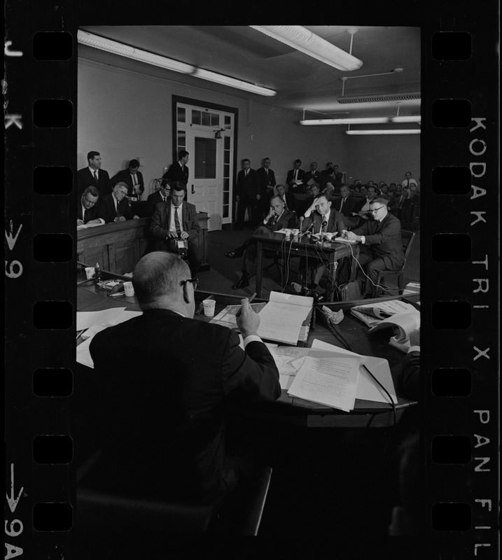 Frederick Wiseman, 'Titicut' producer, flanked by his attorneys is James St. Clair (left), and Blair L. Perry, at hearing before State Commission on Mental Health