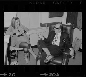 Phil Silvers speaking with a woman while he is in Boston to perform in the comedy "How the Other Half Loves" at the Wilbur Theater