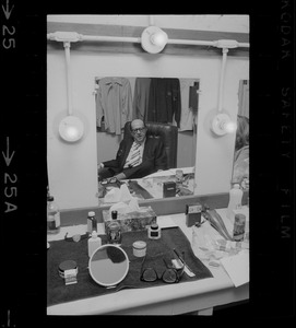 Phil Silvers in his dressing room at the Wilbur Theater while in Boston for the run of the comedy "How the Other Half Loves"