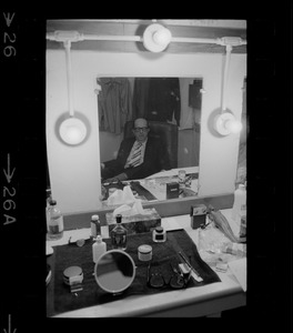 Phil Silvers in his dressing room at the Wilbur Theater while in Boston for the run of the comedy "How the Other Half Loves"