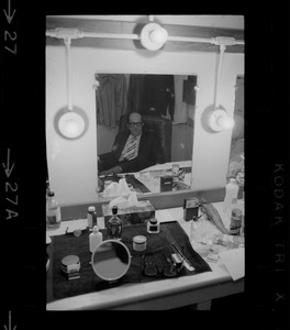 Phil Silvers in his dressing room at the Wilbur Theater while in Boston for the run of the comedy "How the Other Half Loves"