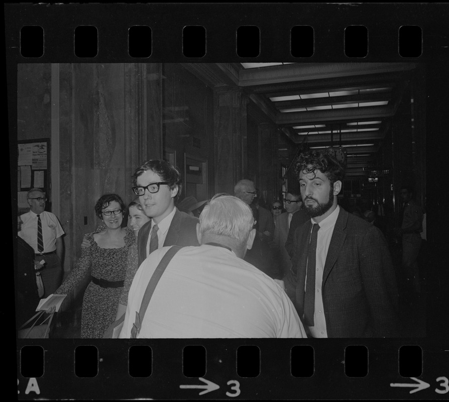 Michael Ferber, left, Harvard graduate student, at the Federal Building for sentencing on draft