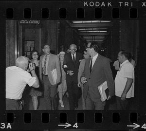 Mitchell Goodman, center left, Dr. Benjamin Spock, center right, and Yale University Chaplain William Sloan Coffin Jr., right, at Federal Courthouse for sentencing on draft conspiracy charges