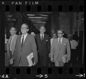 Mitchell Goodman, far left, Yale University Chaplain William Sloane Coffin, Jr., and Dr. Benjamin Spock, center, at Federal Courthouse for sentencing on draft conspiracy charges