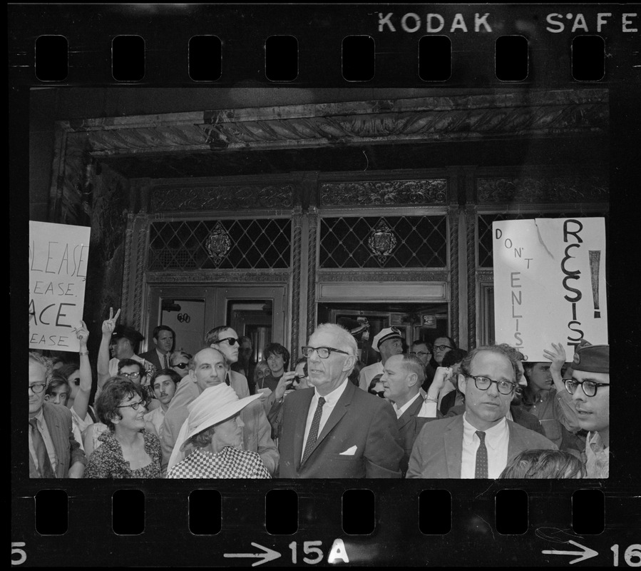 Dr. Benjamin Spock, center, and other defendants seen outside Federal Courthouse for sentencing