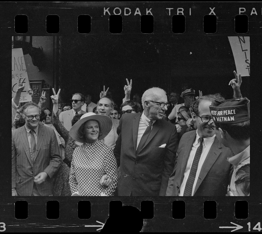 Dr. Benjamin Spock and Jane Spock, center, and other defendants outside Federal Courthouse for