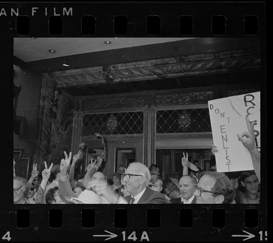 Dr. Benjamin Spock, center, seen outside Federal Courthouse for sentencing on draft conspiracy