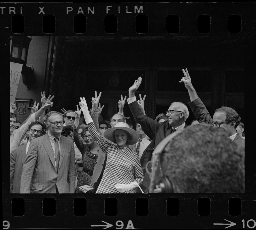 Dr. Benjamin Spock and Jane Spock, center, and other defendants outside Federal Courthouse for