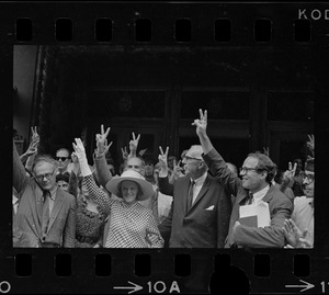 Dr. Benjamin Spock and Jane Spock, center, and other defendants outside Federal Courthouse for sentencing on draft conspiracy charges