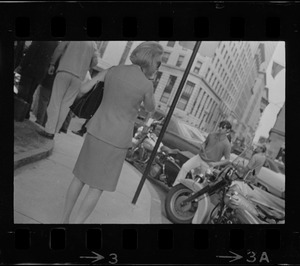 View of street and parked cars during protest outside the Federal Courthouse of after the sentencing of Dr. Spock and others for draft conspiracy charges