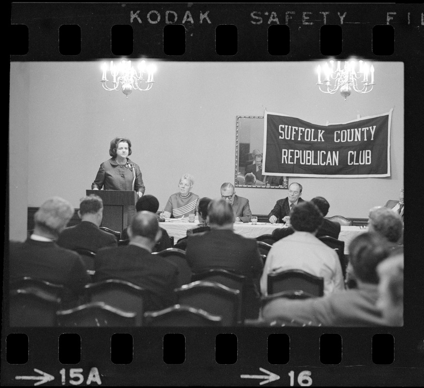 Louise Day Hicks speaking to a forum sponsored by the Suffolk County Republican Club