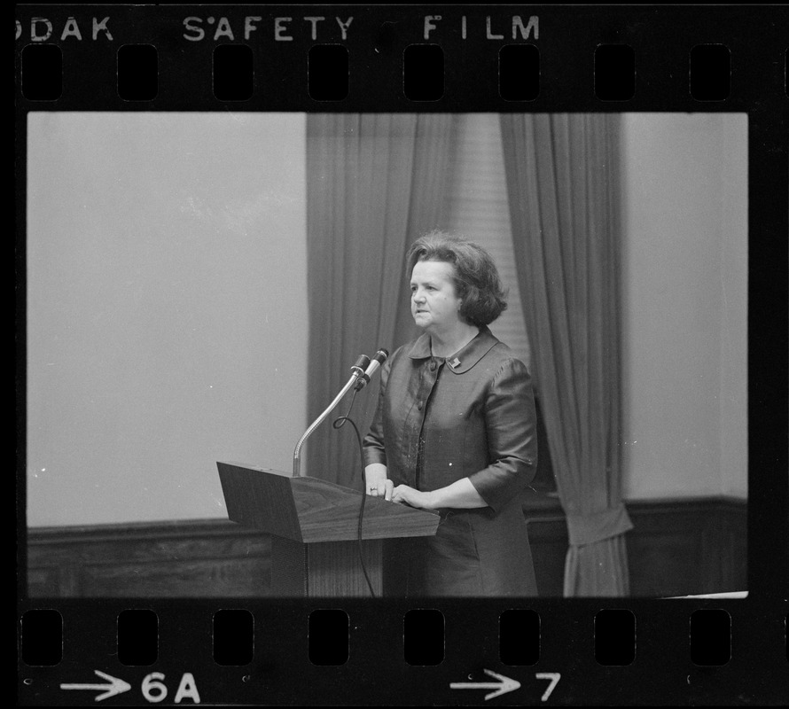 Louise Day Hicks speaking to a forum sponsored by the Suffolk County Republican Club