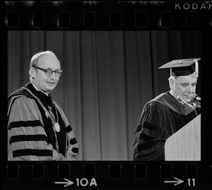 Dr. Robert Wood, left, and Joseph Healey, chairman of the Board of Trustees, right, at Dr. Wood's installation ceremony as the new president of University of Massachusetts
