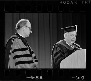 Dr. Robert Wood, left, and Joseph Healey, chairman of the Board of Trustees, right, at Dr. Wood's installation ceremony as the new president of University of Massachusetts