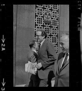 William Sloane Coffin, Jr., Yale University Chaplain, outside the Federal Courthouse where he is appearing for pre-trial hearing on draft conspiracy charges