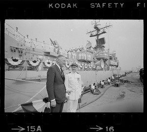 Henry Cabot Lodge and Cmdr. Milton J. Schultz Jr. at the commissioning of the guided missile ship USS Page