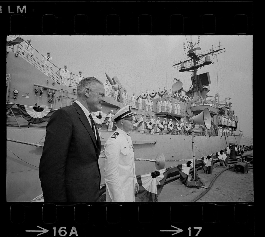 Henry Cabot Lodge and Cmdr. Milton J. Schultz Jr. at the commissioning of the guided missile ship USS Page