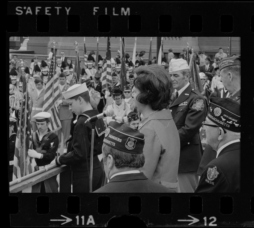 Members of the South Boston Allied War Veteran's Council and their guests, including Congresswoman Louise Day Hicks (speaking), look on as marker commemorating deceased servicemen is unveiled