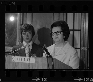 With her son, William, at her side, Mrs. Louise Day Hicks announces her candidacy for mayor of Boston