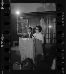 With her son, William, at her side, Mrs. Louise Day Hicks announces her candidacy for mayor of Boston