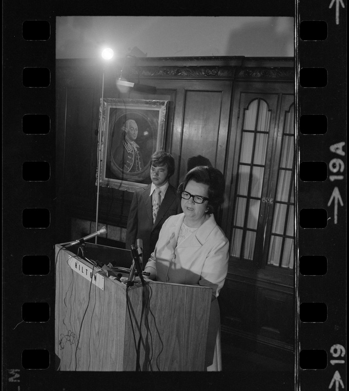 With her son, William, at her side, Mrs. Louise Day Hicks announces her candidacy for mayor of Boston