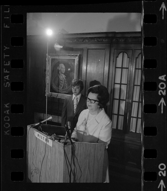 With her son, William, at her side, Mrs. Louise Day Hicks announces her candidacy for mayor of Boston