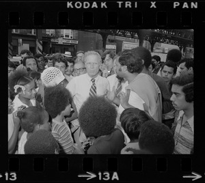 Mayor White seen with residents of Blackstone Park section of South End after Puerto Rican Day disturbances