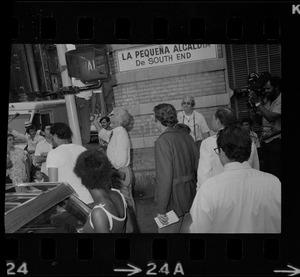 Mayor White seen with residents of Blackstone Park section of South End after Puerto Rican Day disturbances