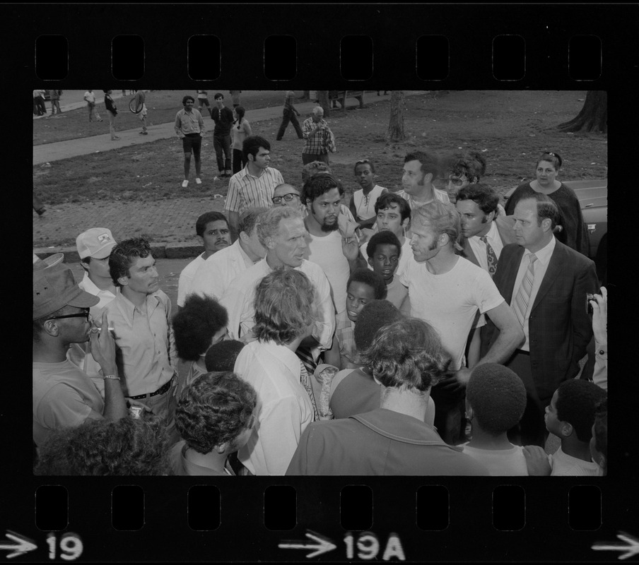 Mayor White seen with residents of Blackstone Park section of South End after Puerto Rican Day disturbances