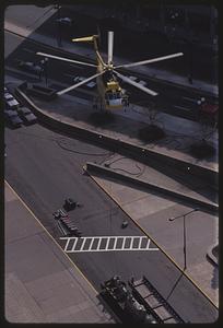 Helicopter to lift HVAC unit, Huntington Avenue, Back Bay
