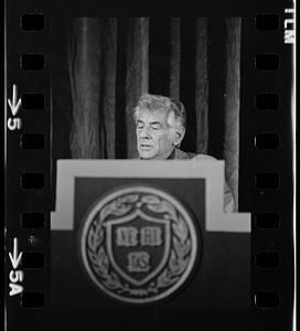 Leonard Bernstein rehearses a speech at Harvard's Sanders Theatre, Cambridge