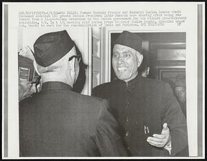 Former Kashmir Premier and Kashmiri Moslem leader Sheik Mohammed Abdullah (R) greets Indian President Zakir Hussain here shortly after being released from a 14-year-long detention by the Indian government for his alleged pro-Pakistani activities, 1/2. In a 1/4 meeting with Indian Prime Minister Indira Gandhi, Abdullah urged Mrs. Gandhi to work for the reconciliation of India and Pakistan.