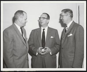 Ad Club Discussion at yesterday's luncheon in the Hotel Statler concerned the Brand Names Foundation. Left to right, Paul A. Provandie, club president; Henry Abt. president, National Brand Names Foundation, speaker, and John H. Breck, chairman of the day.